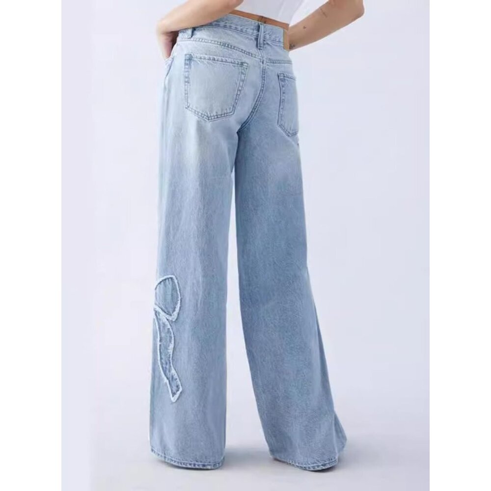 Women's High Rise Straight Leg Denim Jeans Recycled Fiber Embroidery - Picture 2 of 6